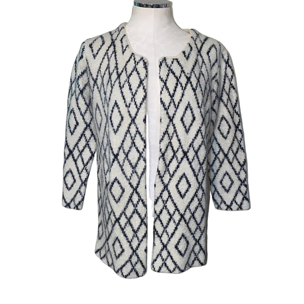 Pink Martini Wool Blend Abstract Print Open Front Cardigan Small Black Beige